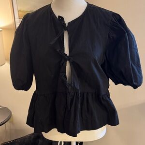 ICON Black Tie-Front Puff Sleeve Peplum Top